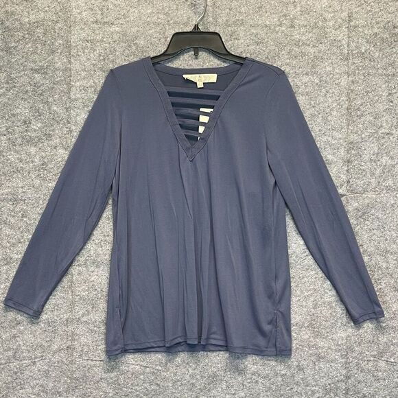 NWT Pink Rose Long Sleeve Top Women's Size L Vintage Denim Blue Strappy V-Neck - Picture 1 of 13